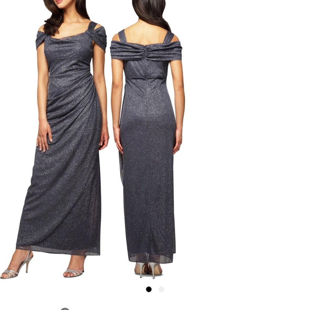 Alex Evenings Cold Shoulder Glitter Evening Gown Blue Smoke Size 8
